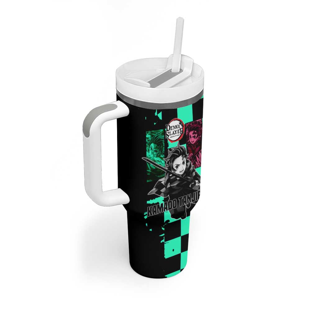 Tanjiro Kamado from Demon Slayer Tumbler With Handle with Green Black Checkered Pattern and Water Breathing Sword Pose Design - The Mazicc