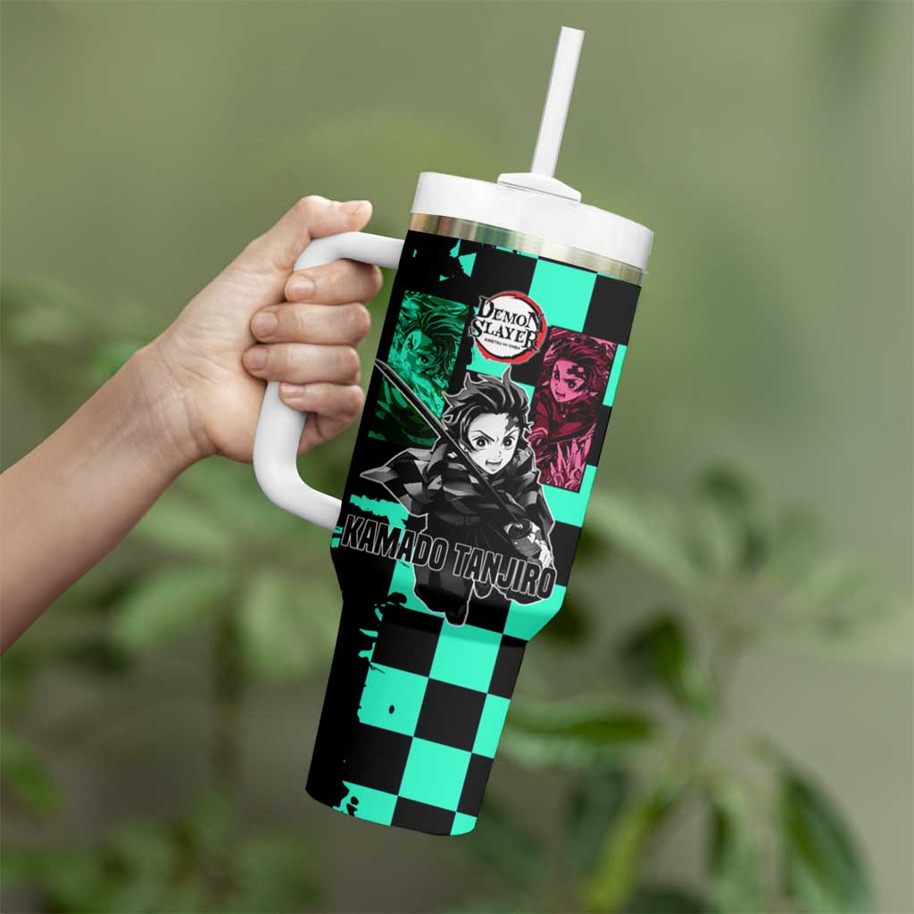 Tanjiro Kamado from Demon Slayer Tumbler With Handle with Green Black Checkered Pattern and Water Breathing Sword Pose Design - The Mazicc