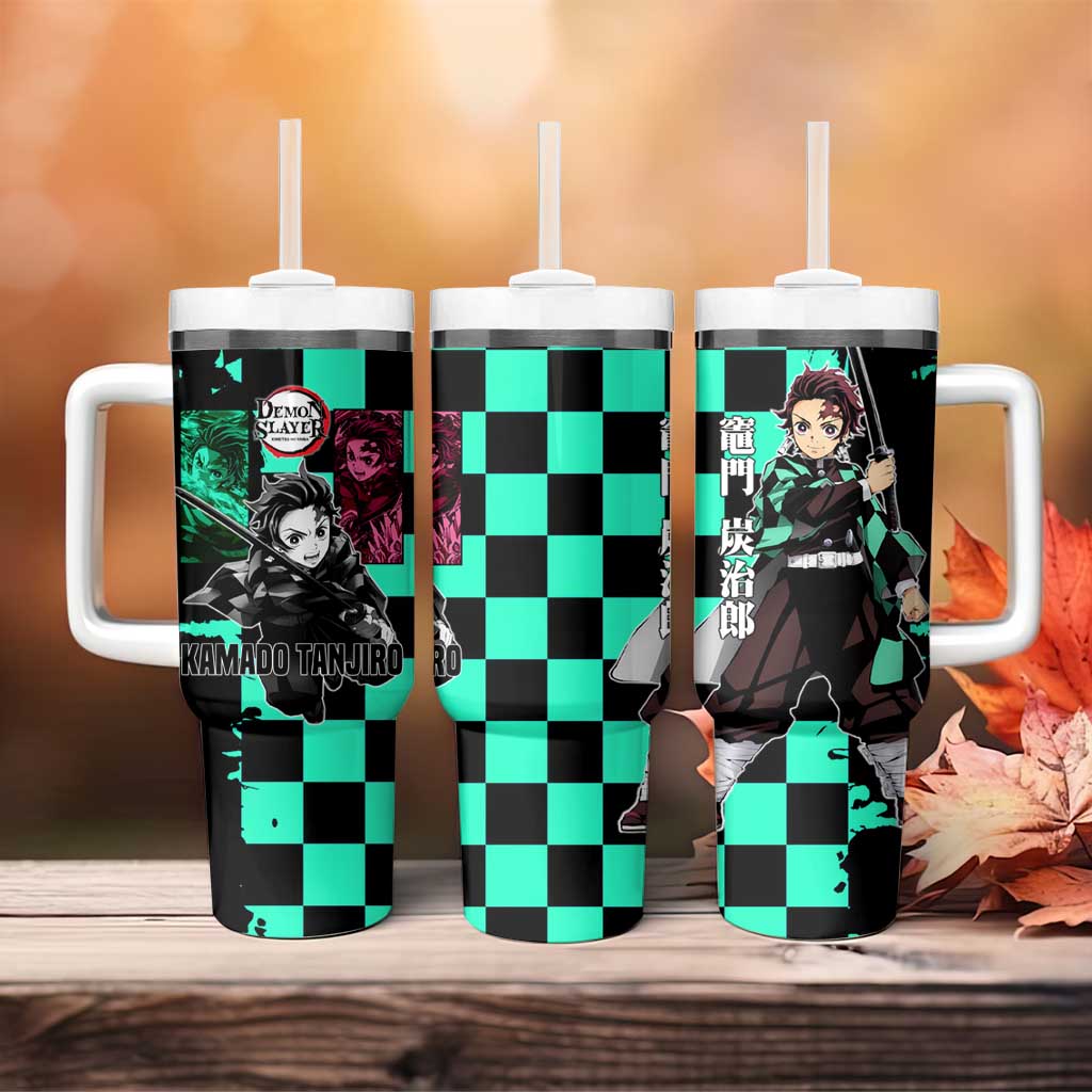 Tanjiro Kamado from Demon Slayer Tumbler With Handle with Green Black Checkered Pattern and Water Breathing Sword Pose Design - The Mazicc