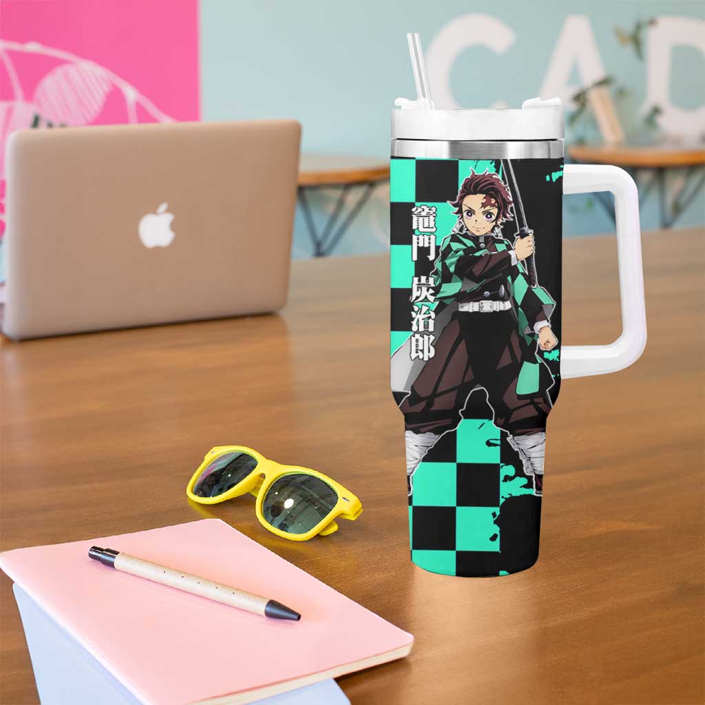 Tanjiro Kamado from Demon Slayer Tumbler With Handle with Green Black Checkered Pattern and Water Breathing Sword Pose Design - The Mazicc