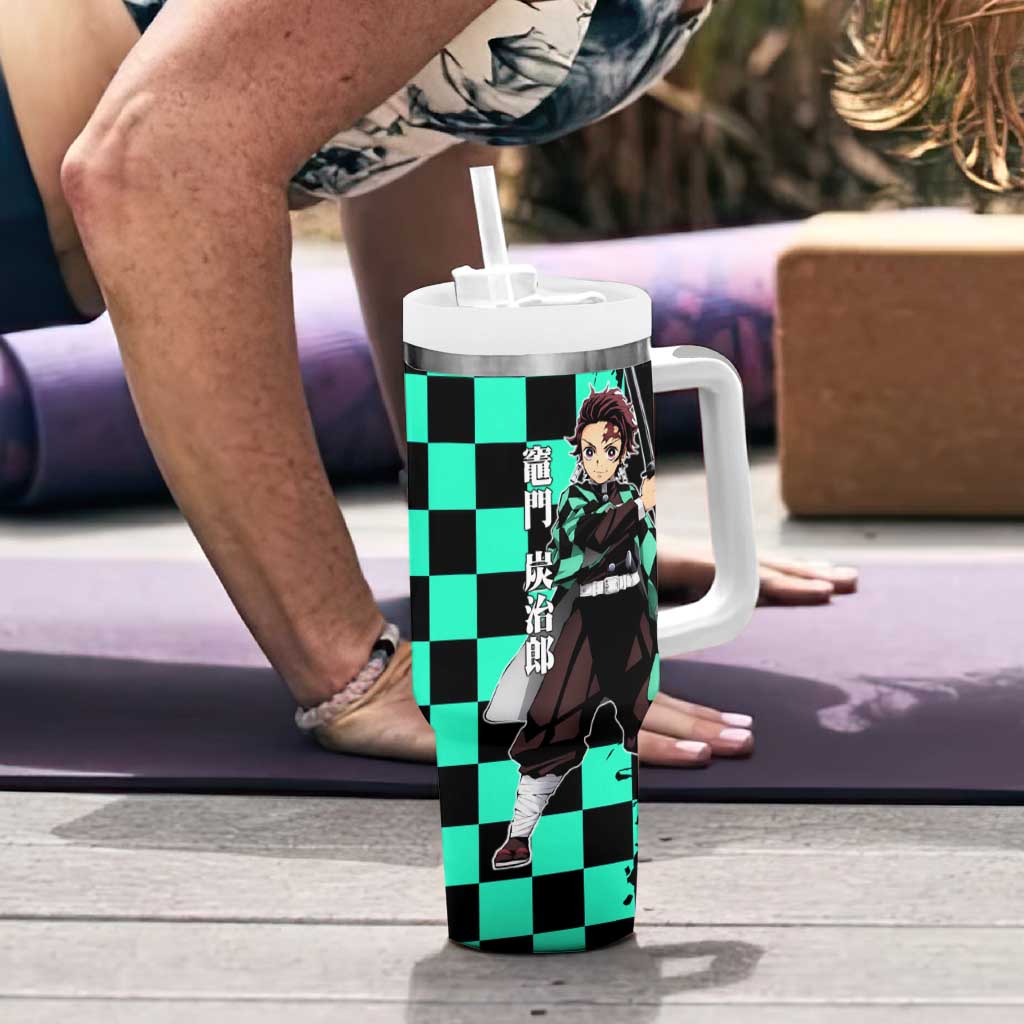 Tanjiro Kamado from Demon Slayer Tumbler With Handle with Green Black Checkered Pattern and Water Breathing Sword Pose Design - The Mazicc