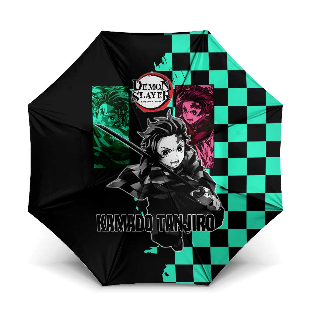 Tanjiro Kamado from Demon Slayer Umbrella with Green Black Checkered Pattern and Water Breathing Sword Pose Design - The Mazicc