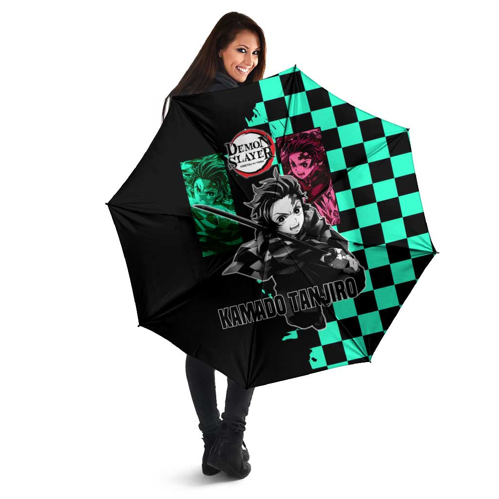 Tanjiro Kamado from Demon Slayer Umbrella with Green Black Checkered Pattern and Water Breathing Sword Pose Design - The Mazicc