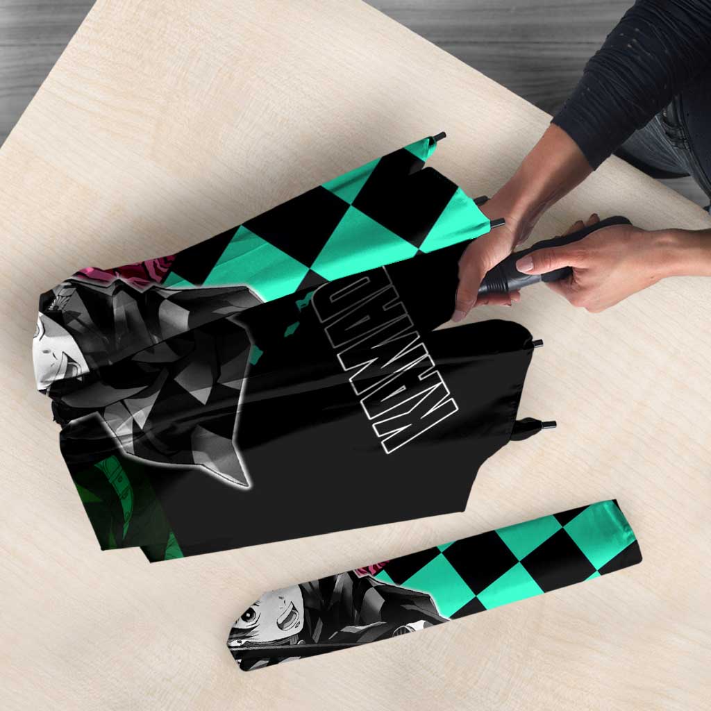 Tanjiro Kamado from Demon Slayer Umbrella with Green Black Checkered Pattern and Water Breathing Sword Pose Design - The Mazicc