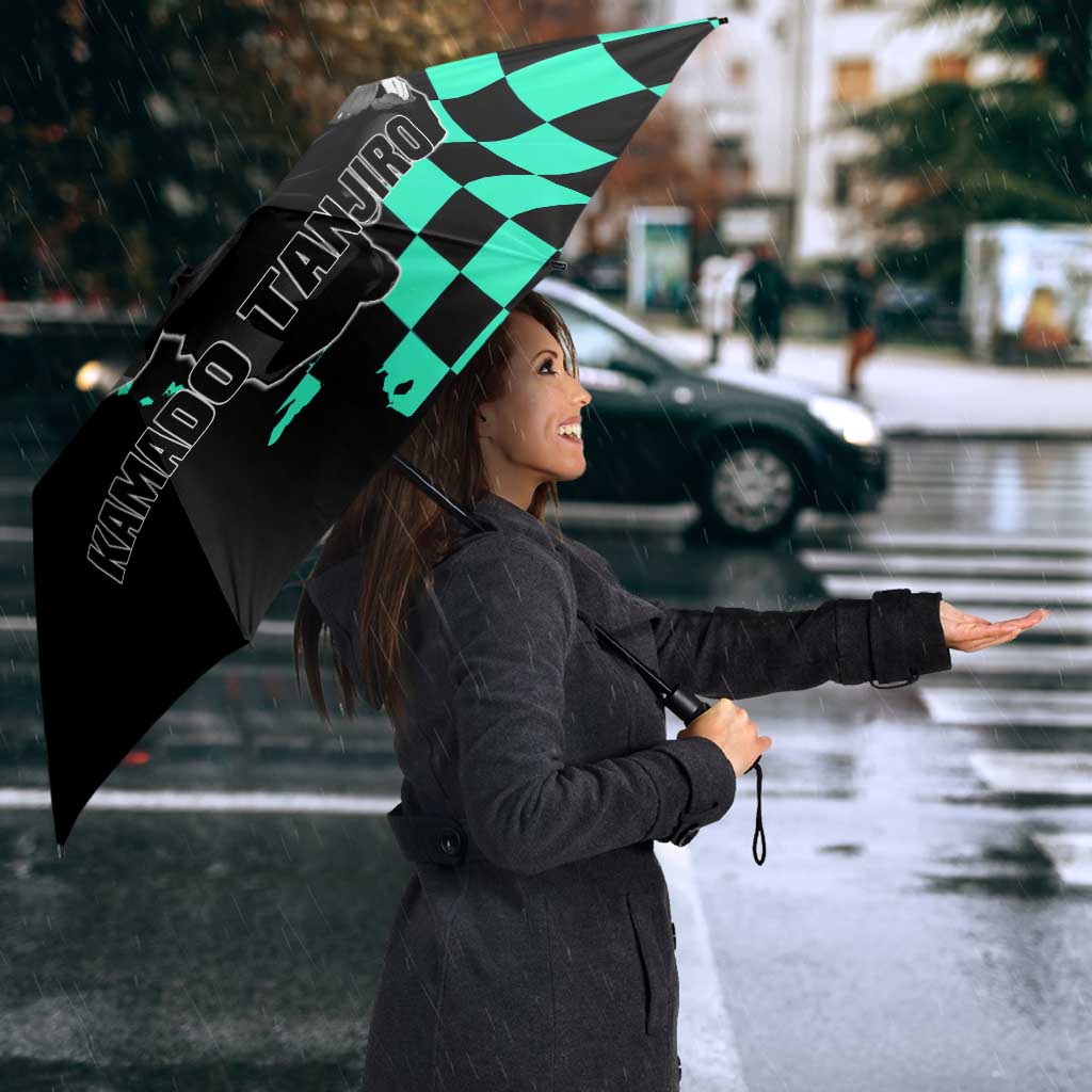Tanjiro Kamado from Demon Slayer Umbrella with Green Black Checkered Pattern and Water Breathing Sword Pose Design - The Mazicc