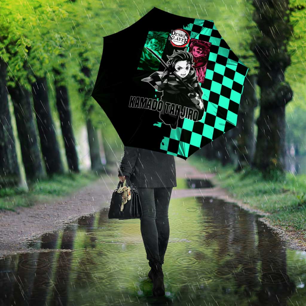 Tanjiro Kamado from Demon Slayer Umbrella with Green Black Checkered Pattern and Water Breathing Sword Pose Design - The Mazicc