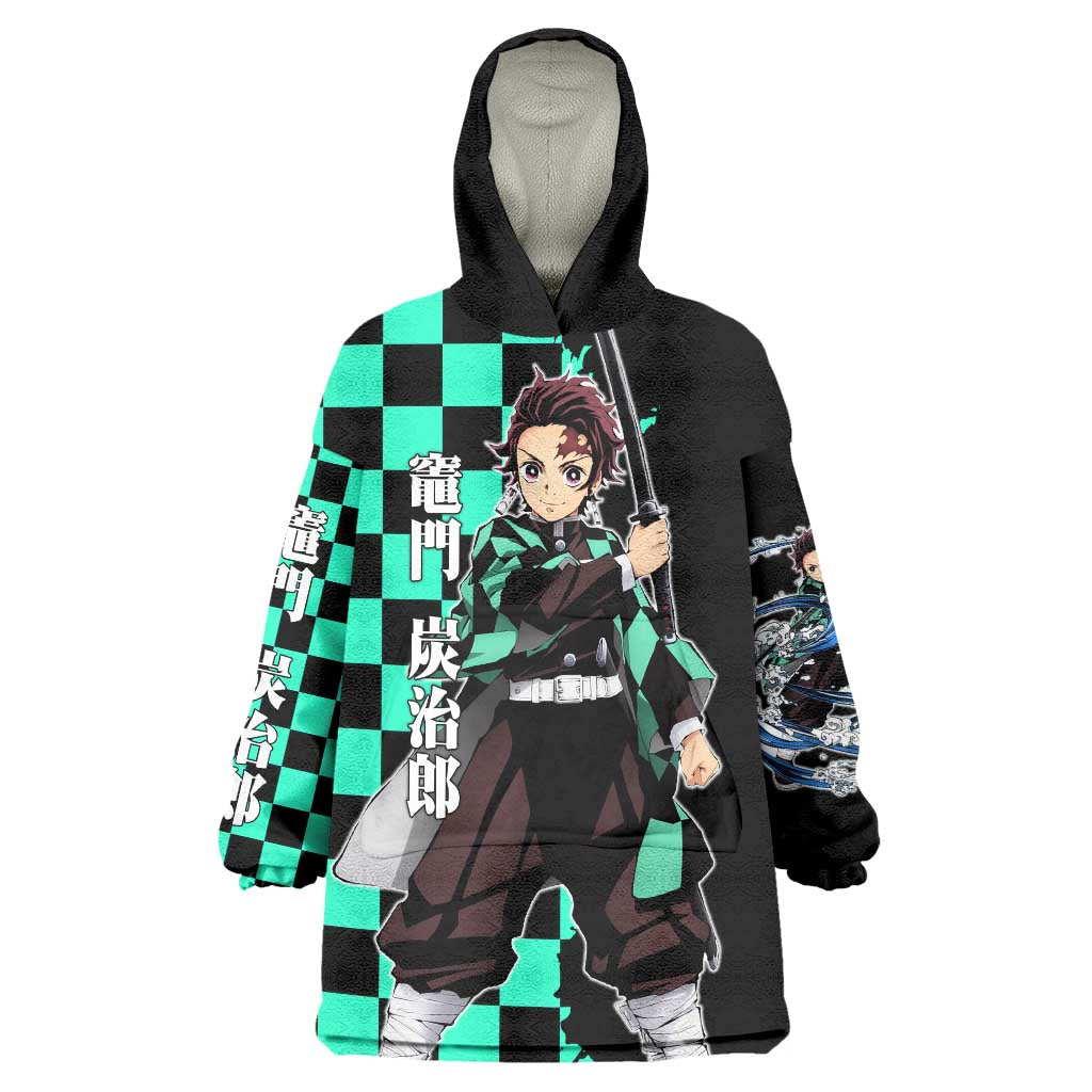 Tanjiro Kamado from Demon Slayer Wearable Blanket Hoodie with Green Black Checkered Pattern and Water Breathing Sword Pose Design - The Mazicc