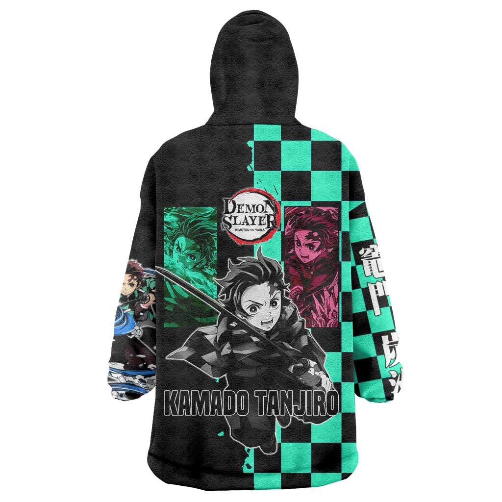 Tanjiro Kamado from Demon Slayer Wearable Blanket Hoodie with Green Black Checkered Pattern and Water Breathing Sword Pose Design - The Mazicc