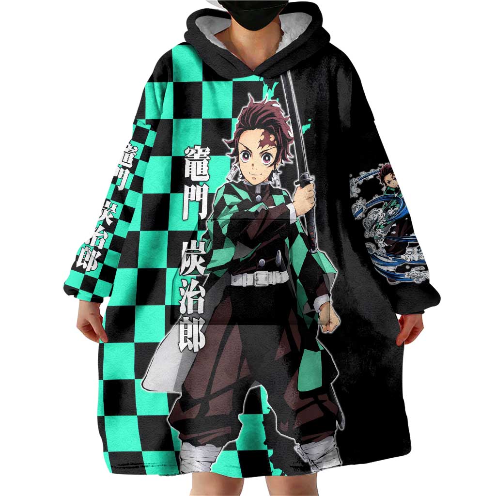 Tanjiro Kamado from Demon Slayer Wearable Blanket Hoodie with Green Black Checkered Pattern and Water Breathing Sword Pose Design - The Mazicc