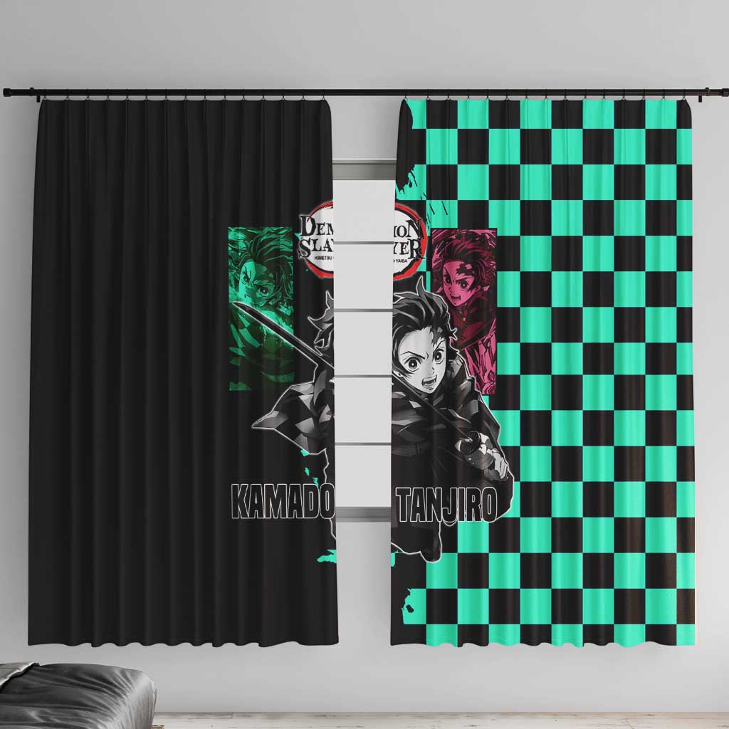 Tanjiro Kamado from Demon Slayer Window Curtain with Green Black Checkered Pattern and Water Breathing Sword Pose Design - The Mazicc