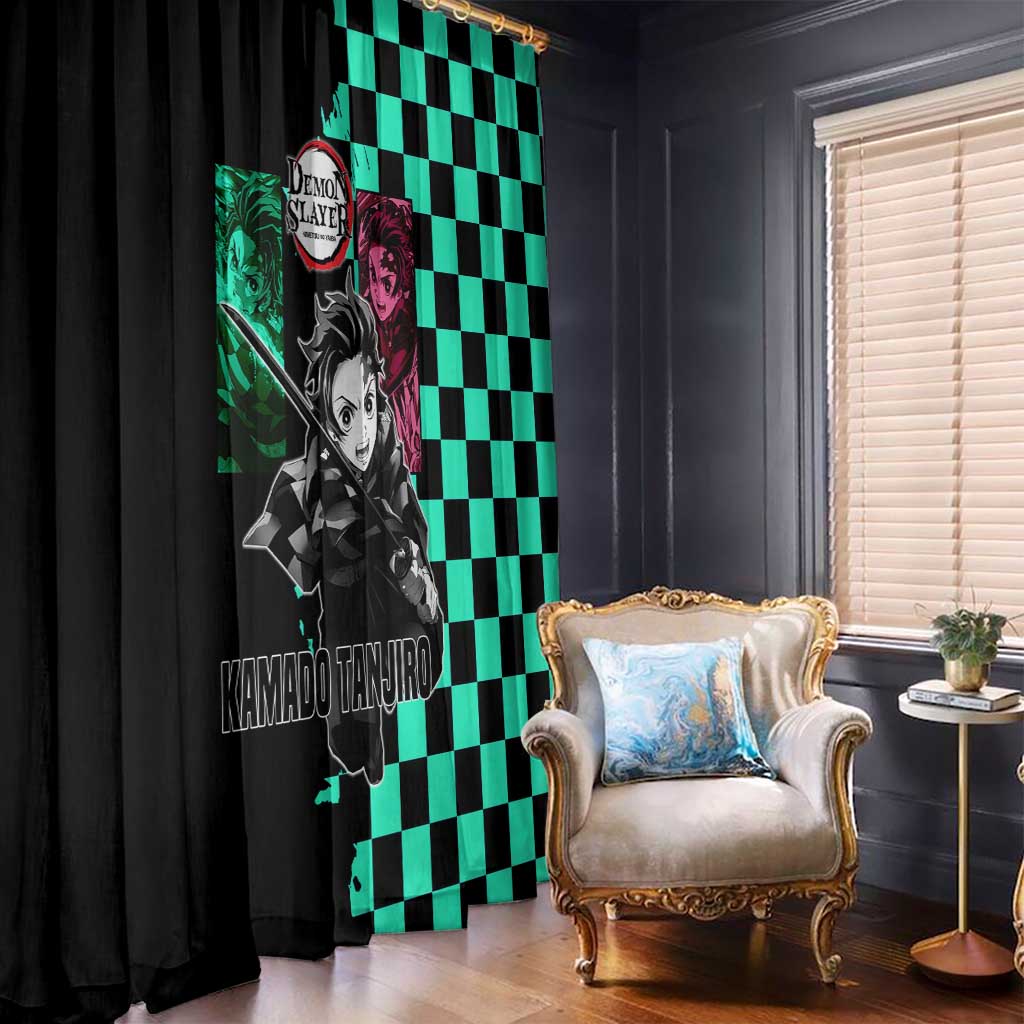 Tanjiro Kamado from Demon Slayer Window Curtain with Green Black Checkered Pattern and Water Breathing Sword Pose Design - The Mazicc