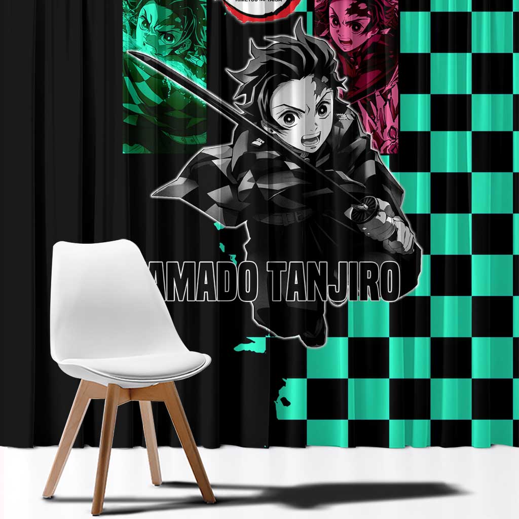 Tanjiro Kamado from Demon Slayer Window Curtain with Green Black Checkered Pattern and Water Breathing Sword Pose Design - The Mazicc