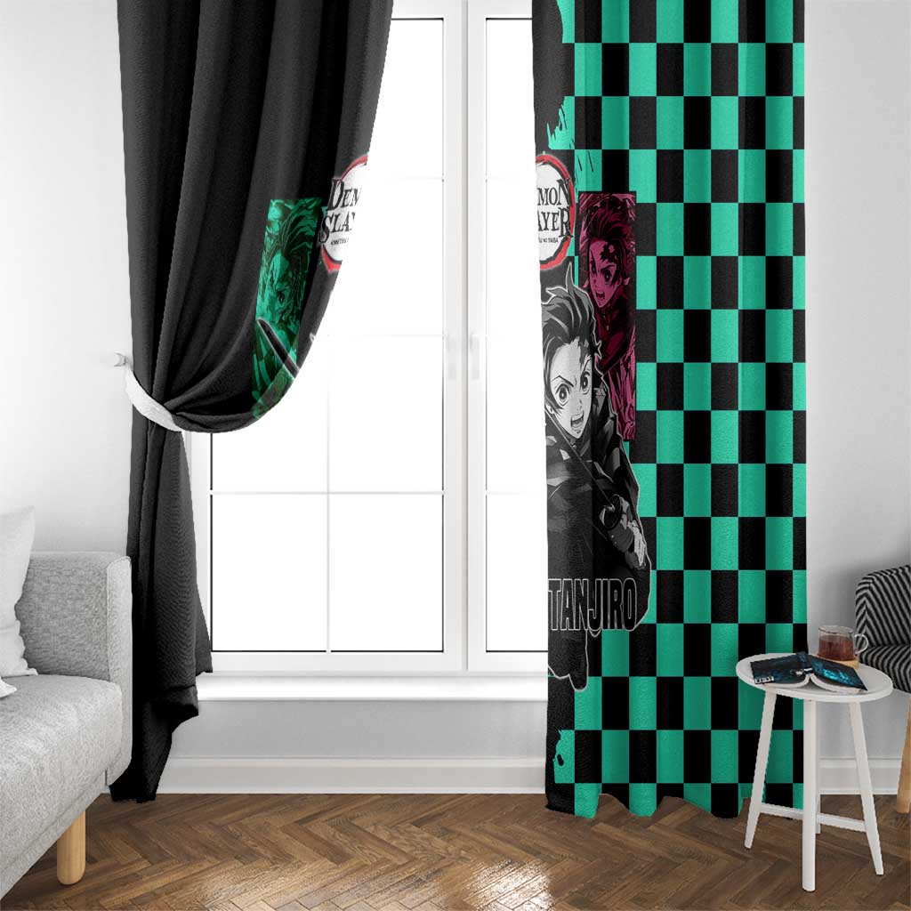 Tanjiro Kamado from Demon Slayer Window Curtain with Green Black Checkered Pattern and Water Breathing Sword Pose Design - The Mazicc