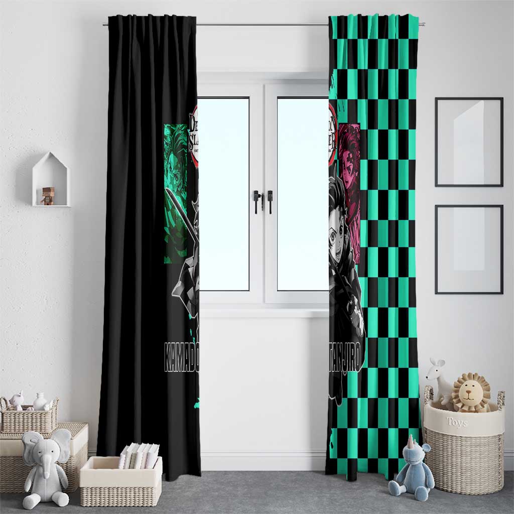 Tanjiro Kamado from Demon Slayer Window Curtain with Green Black Checkered Pattern and Water Breathing Sword Pose Design - The Mazicc