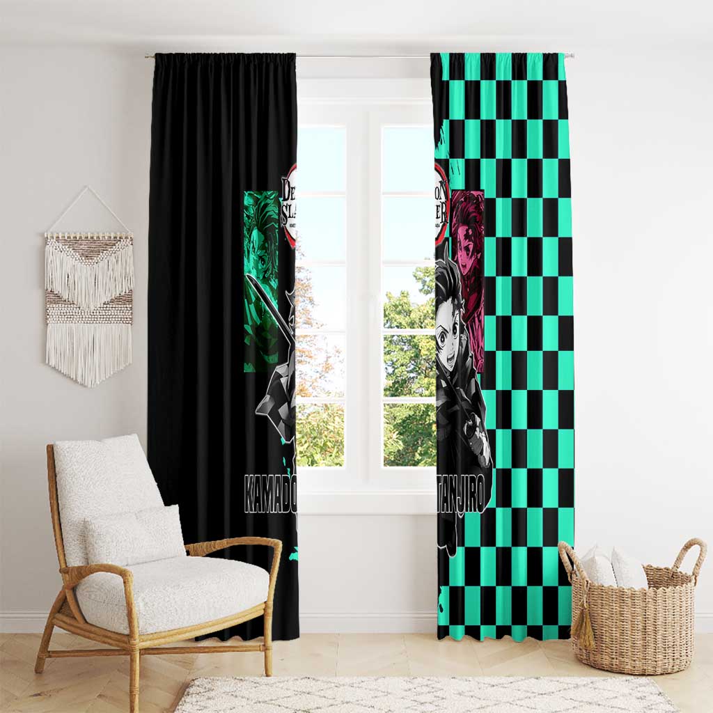 Tanjiro Kamado from Demon Slayer Window Curtain with Green Black Checkered Pattern and Water Breathing Sword Pose Design - The Mazicc