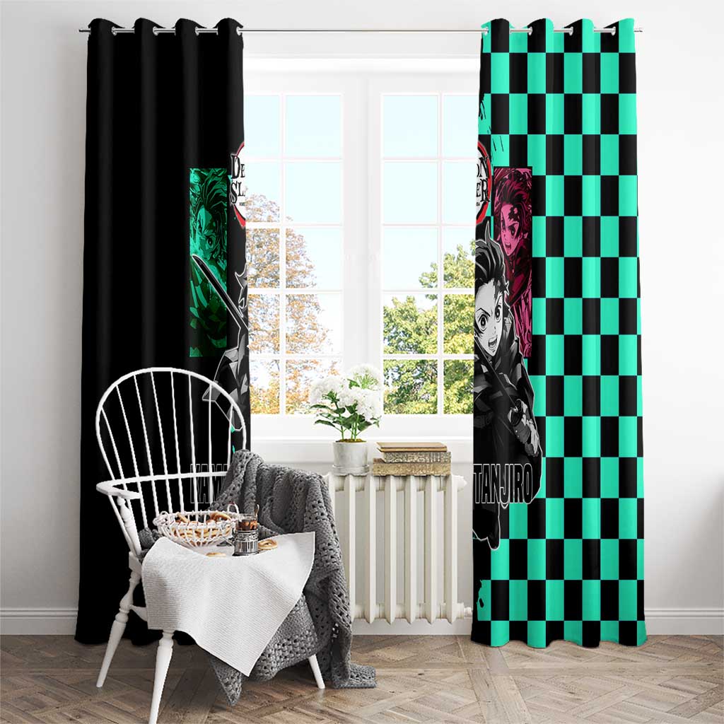 Tanjiro Kamado from Demon Slayer Window Curtain with Green Black Checkered Pattern and Water Breathing Sword Pose Design - The Mazicc