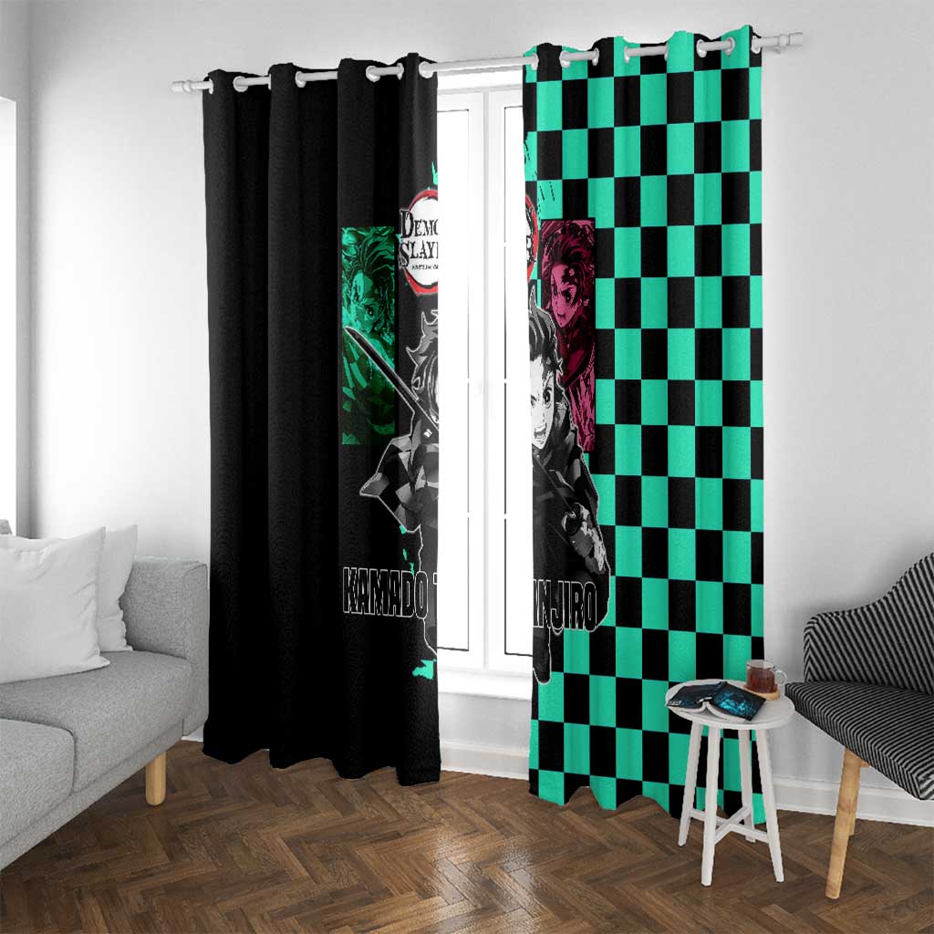 Tanjiro Kamado from Demon Slayer Window Curtain with Green Black Checkered Pattern and Water Breathing Sword Pose Design - The Mazicc