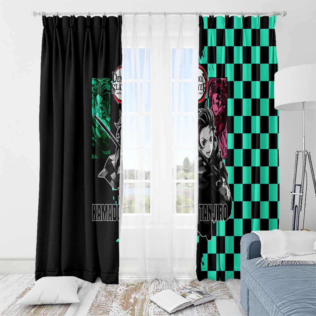 Tanjiro Kamado from Demon Slayer Window Curtain with Green Black Checkered Pattern and Water Breathing Sword Pose Design - The Mazicc