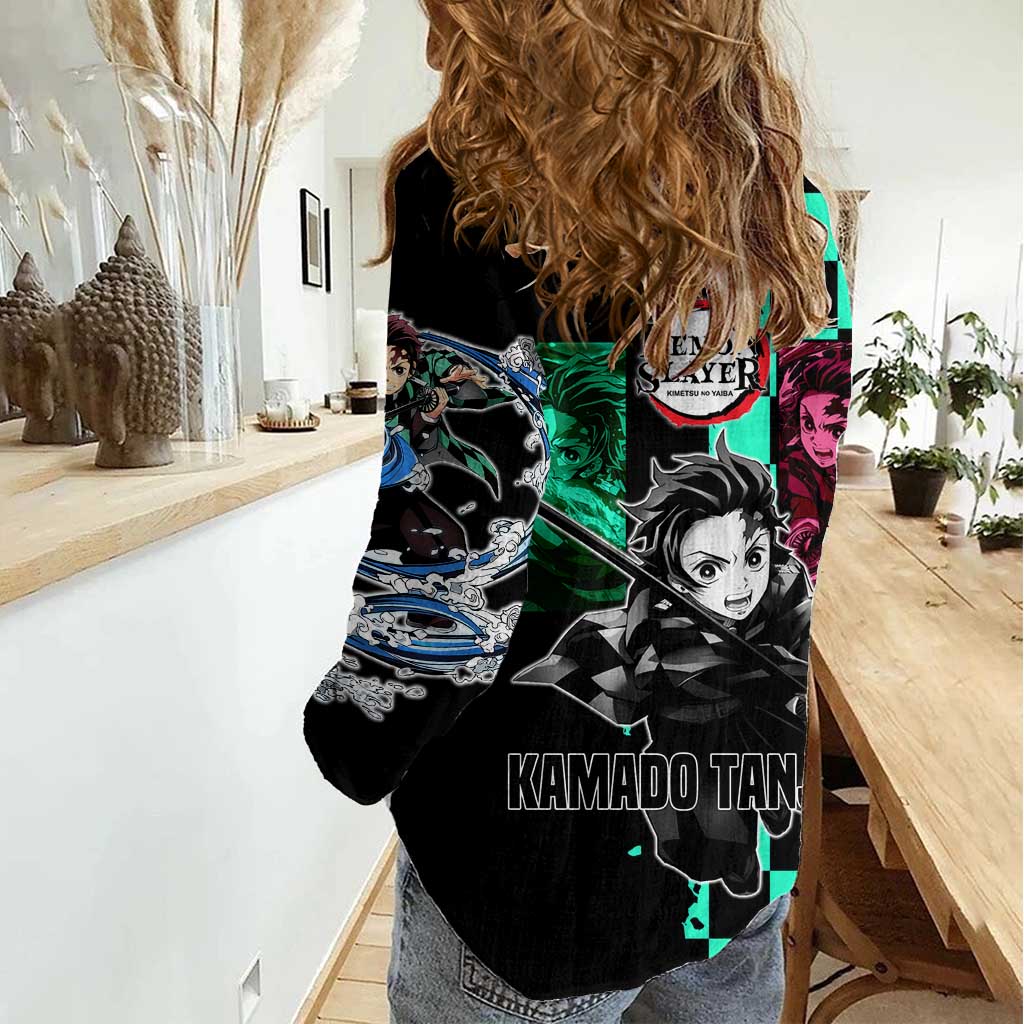 Tanjiro Kamado from Demon Slayer Women Casual Shirt with Green Black Checkered Pattern and Water Breathing Sword Pose Design - The Mazicc