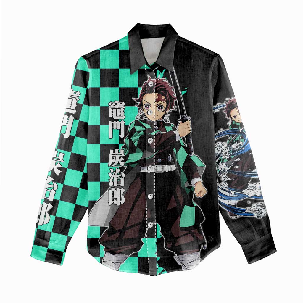 Tanjiro Kamado from Demon Slayer Women Casual Shirt with Green Black Checkered Pattern and Water Breathing Sword Pose Design - The Mazicc