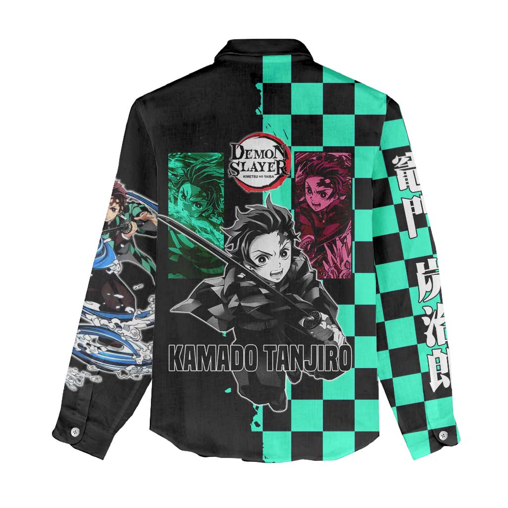 Tanjiro Kamado from Demon Slayer Women Casual Shirt with Green Black Checkered Pattern and Water Breathing Sword Pose Design - The Mazicc