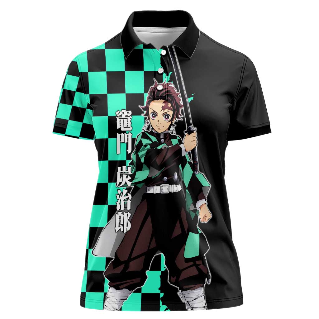 Tanjiro Kamado from Demon Slayer Women Polo Shirt with Green Black Checkered Pattern and Water Breathing Sword Pose Design - The Mazicc