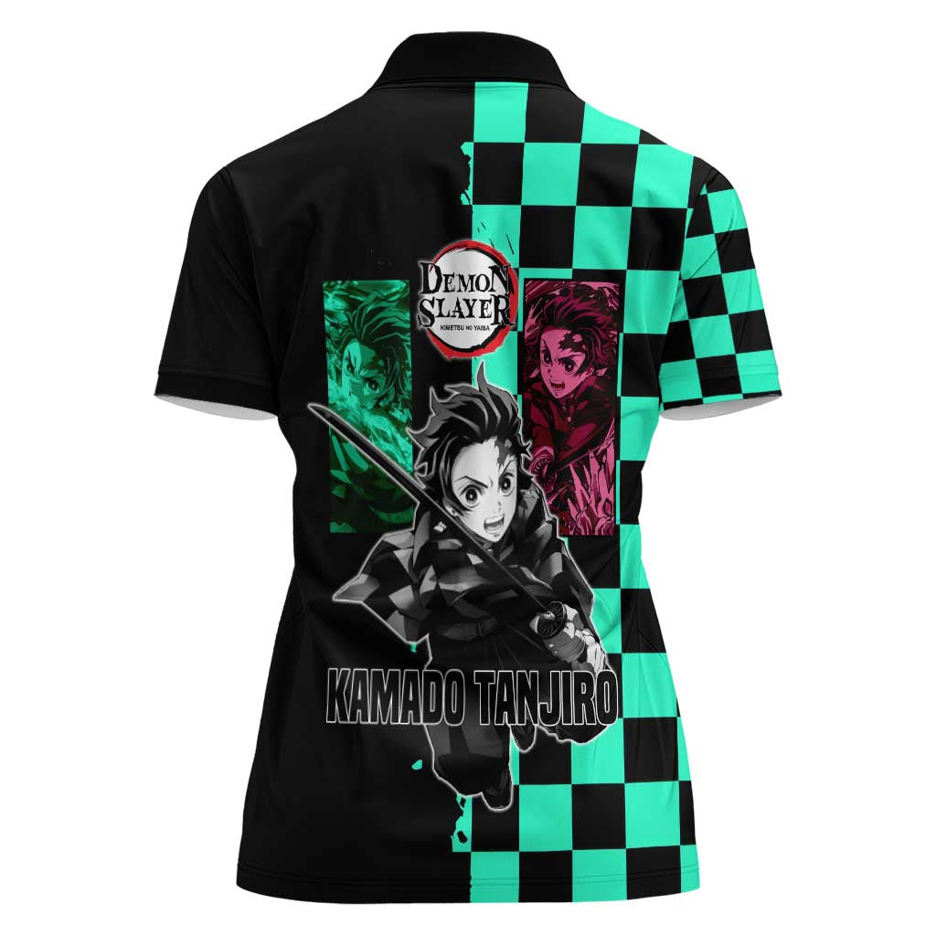 Tanjiro Kamado from Demon Slayer Women Polo Shirt with Green Black Checkered Pattern and Water Breathing Sword Pose Design - The Mazicc