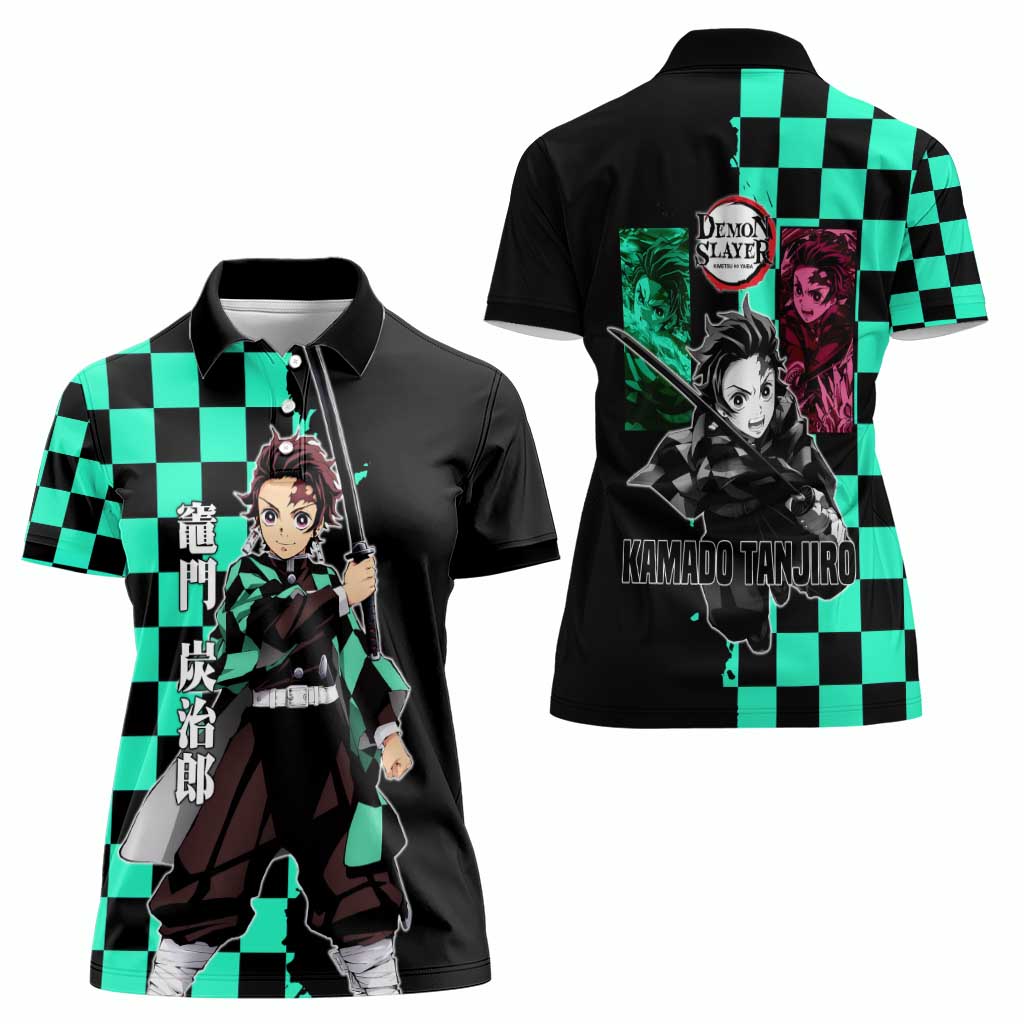 Tanjiro Kamado from Demon Slayer Women Polo Shirt with Green Black Checkered Pattern and Water Breathing Sword Pose Design - The Mazicc