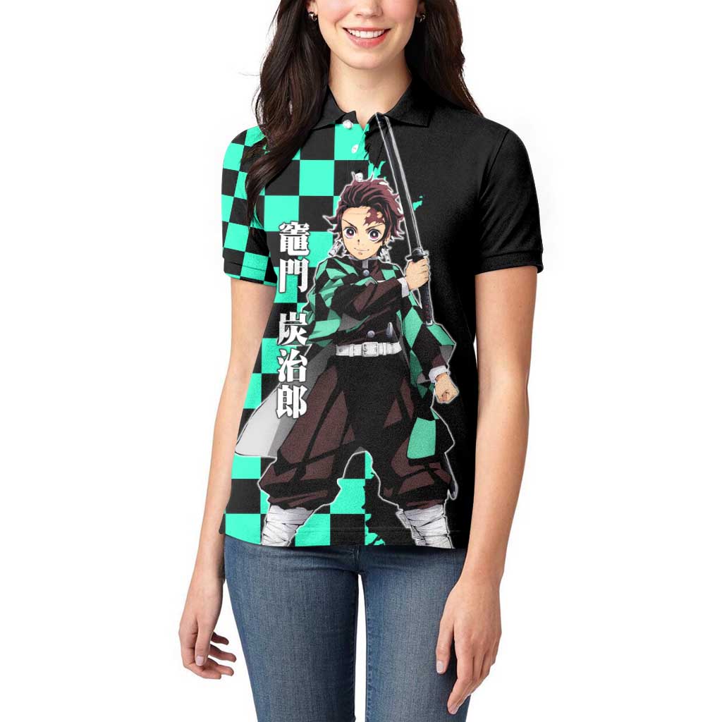 Tanjiro Kamado from Demon Slayer Women Polo Shirt with Green Black Checkered Pattern and Water Breathing Sword Pose Design - The Mazicc