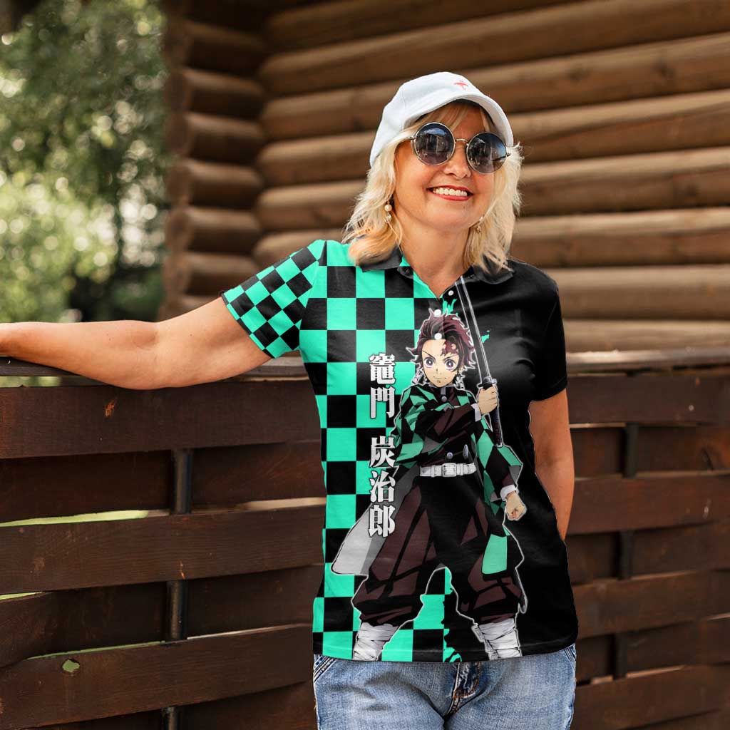 Tanjiro Kamado from Demon Slayer Women Polo Shirt with Green Black Checkered Pattern and Water Breathing Sword Pose Design - The Mazicc