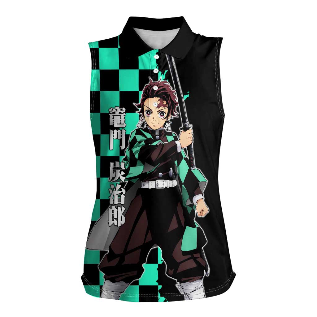 Tanjiro Kamado from Demon Slayer Women Sleeveless Polo Shirt with Green Black Checkered Pattern and Water Breathing Sword Pose Design - The Mazicc