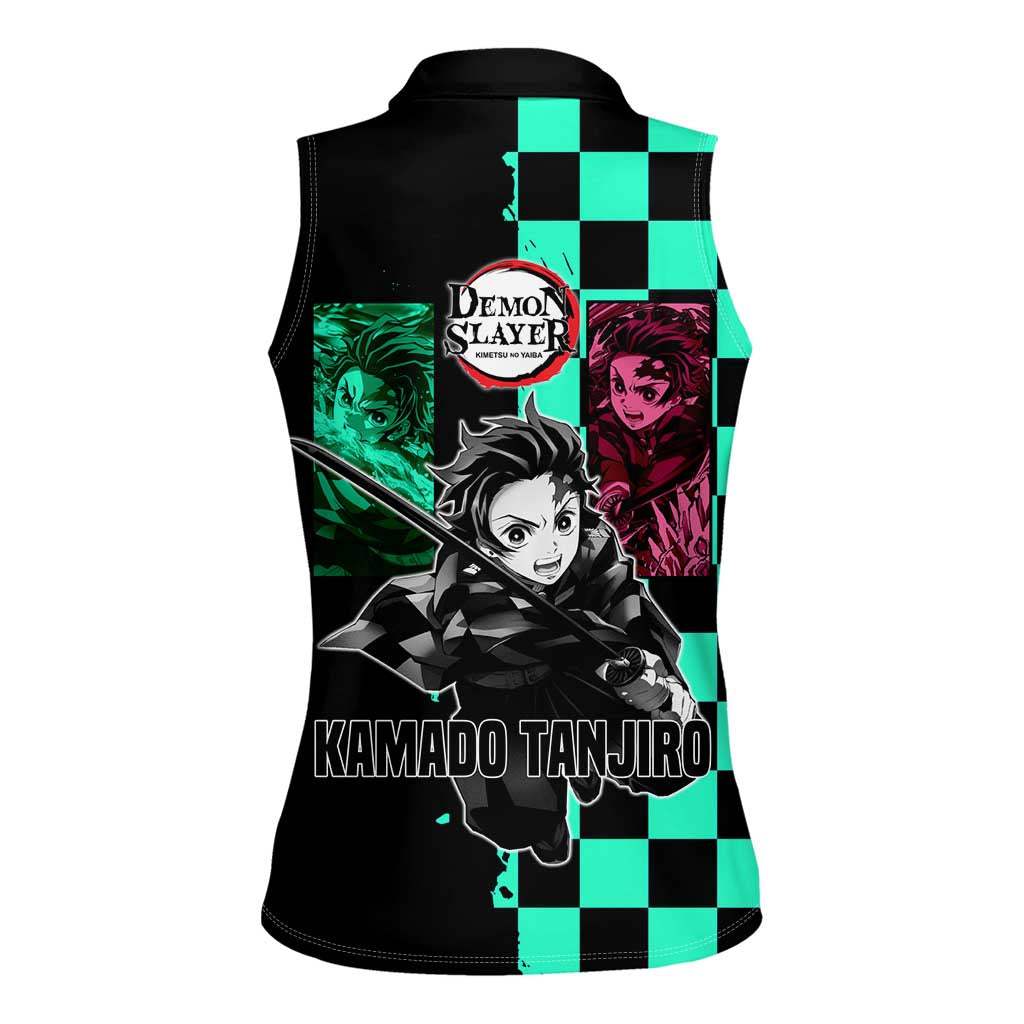 Tanjiro Kamado from Demon Slayer Women Sleeveless Polo Shirt with Green Black Checkered Pattern and Water Breathing Sword Pose Design - The Mazicc