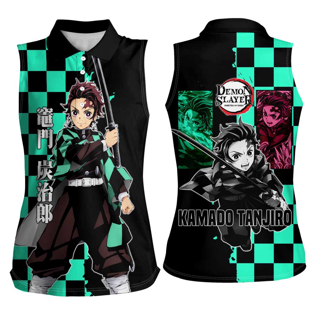 Tanjiro Kamado from Demon Slayer Women Sleeveless Polo Shirt with Green Black Checkered Pattern and Water Breathing Sword Pose Design - The Mazicc