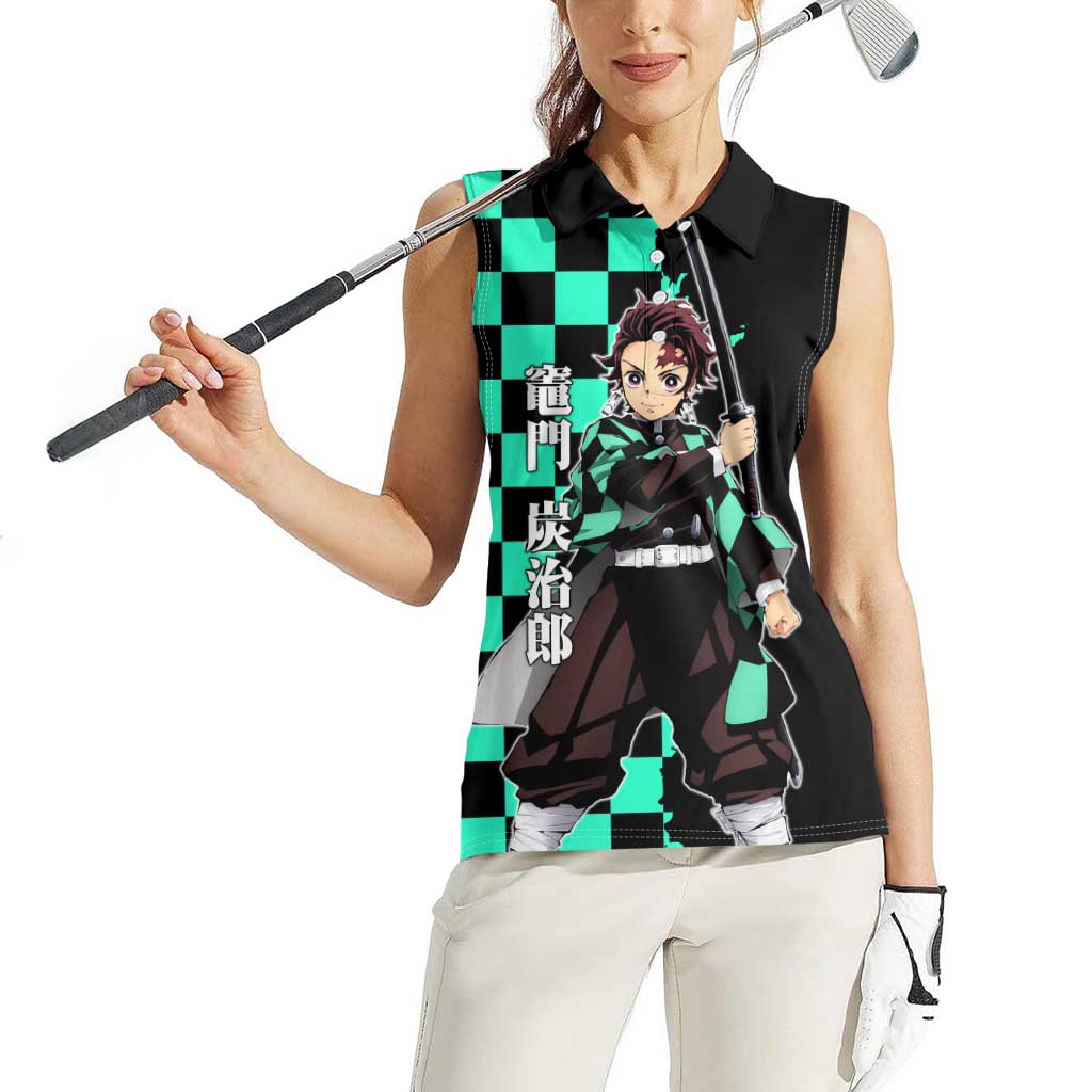 Tanjiro Kamado from Demon Slayer Women Sleeveless Polo Shirt with Green Black Checkered Pattern and Water Breathing Sword Pose Design - The Mazicc
