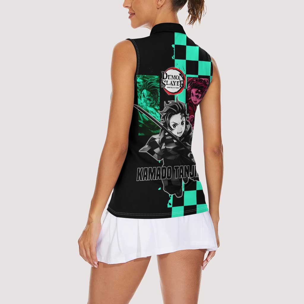 Tanjiro Kamado from Demon Slayer Women Sleeveless Polo Shirt with Green Black Checkered Pattern and Water Breathing Sword Pose Design - The Mazicc