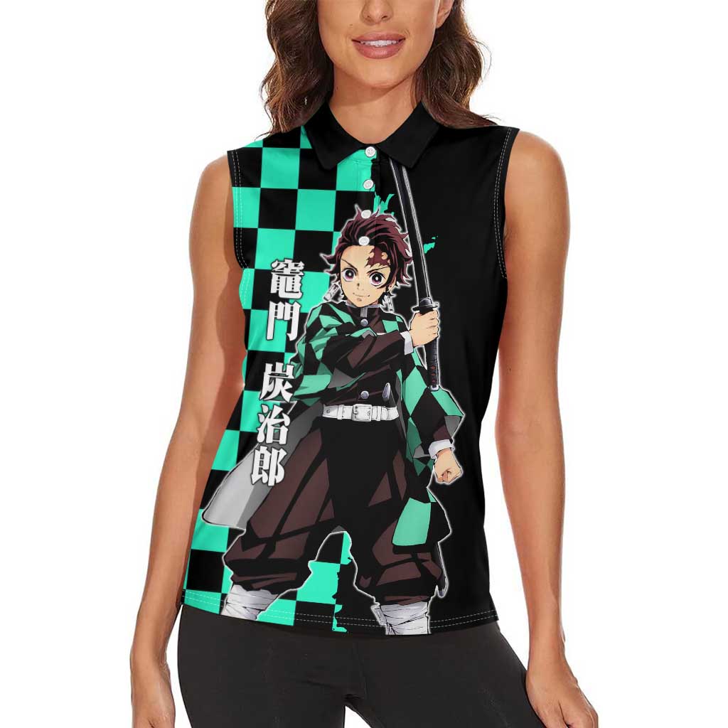 Tanjiro Kamado from Demon Slayer Women Sleeveless Polo Shirt with Green Black Checkered Pattern and Water Breathing Sword Pose Design - The Mazicc