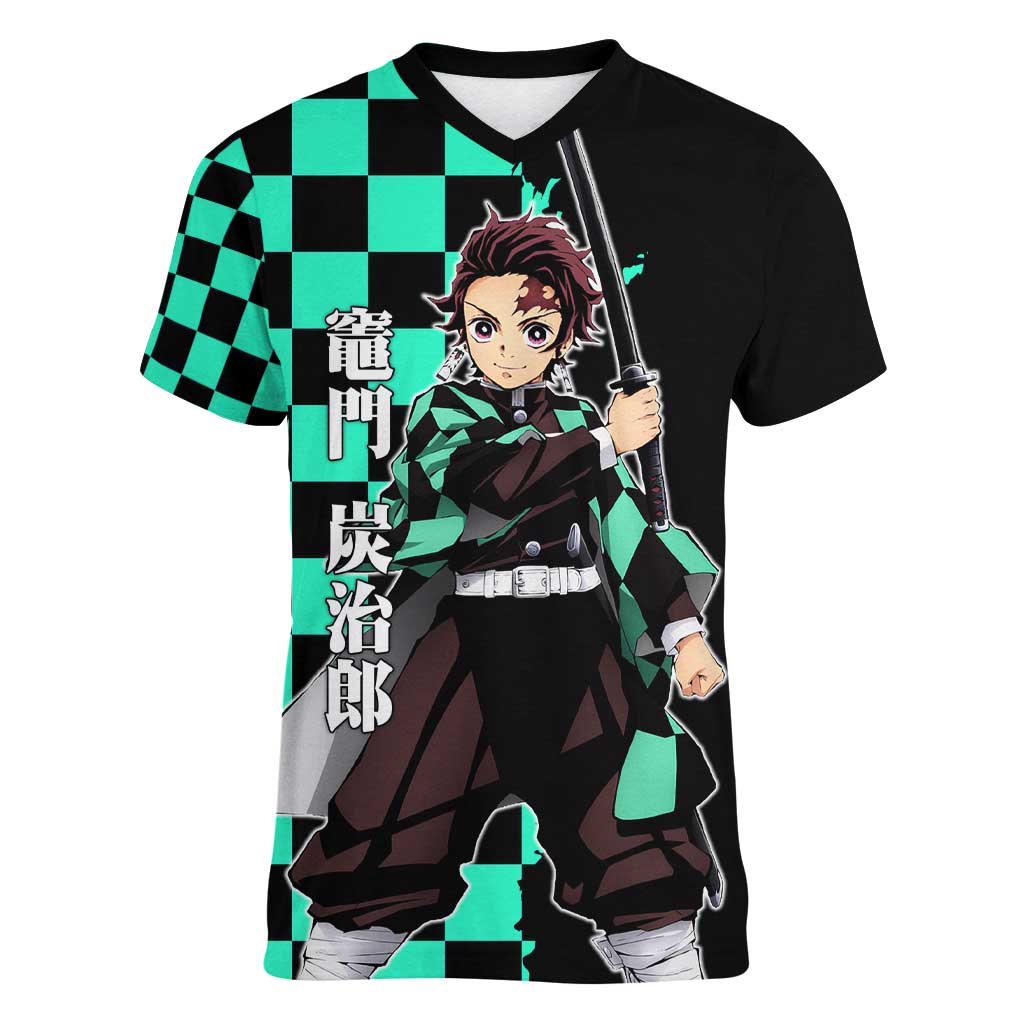 Tanjiro Kamado from Demon Slayer Women V-Neck T-Shirt with Green Black Checkered Pattern and Water Breathing Sword Pose Design - The Mazicc