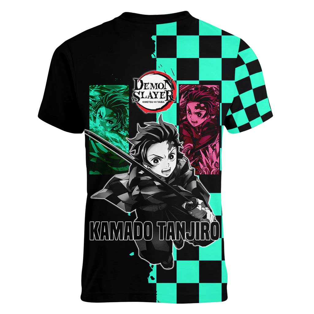 Tanjiro Kamado from Demon Slayer Women V-Neck T-Shirt with Green Black Checkered Pattern and Water Breathing Sword Pose Design - The Mazicc