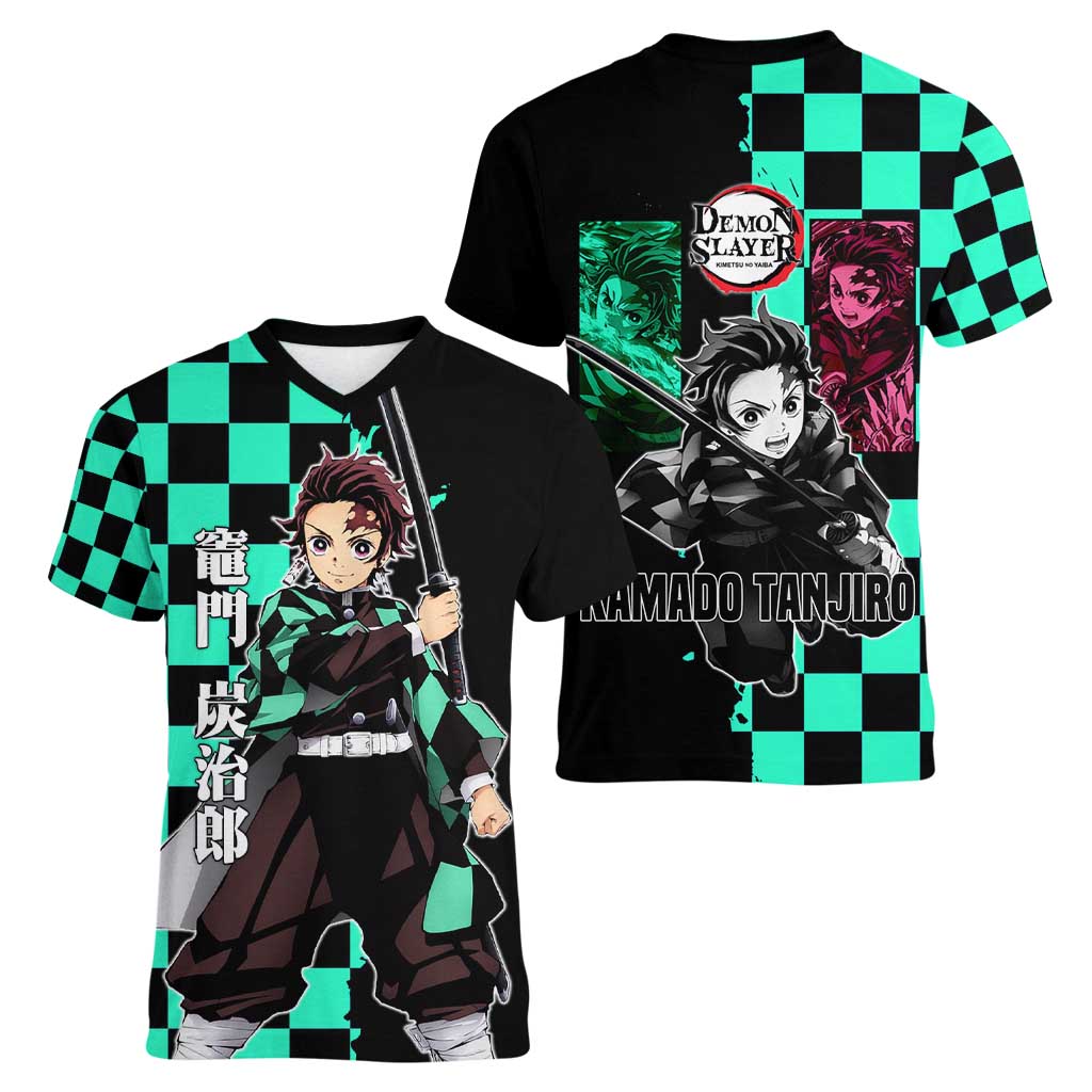 Tanjiro Kamado from Demon Slayer Women V-Neck T-Shirt with Green Black Checkered Pattern and Water Breathing Sword Pose Design - The Mazicc
