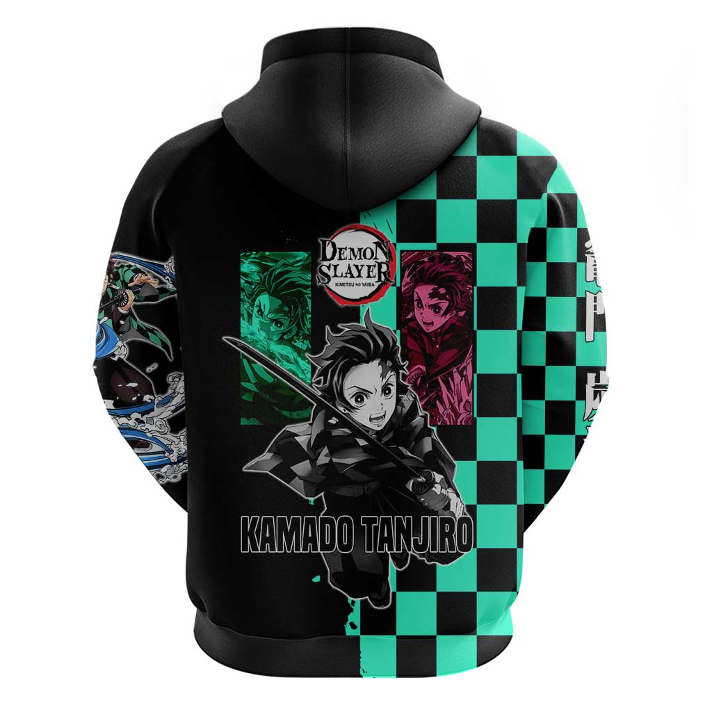 Tanjiro Kamado from Demon Slayer Zip Hoodie with Green Black Checkered Pattern and Water Breathing Sword Pose Design - The Mazicc