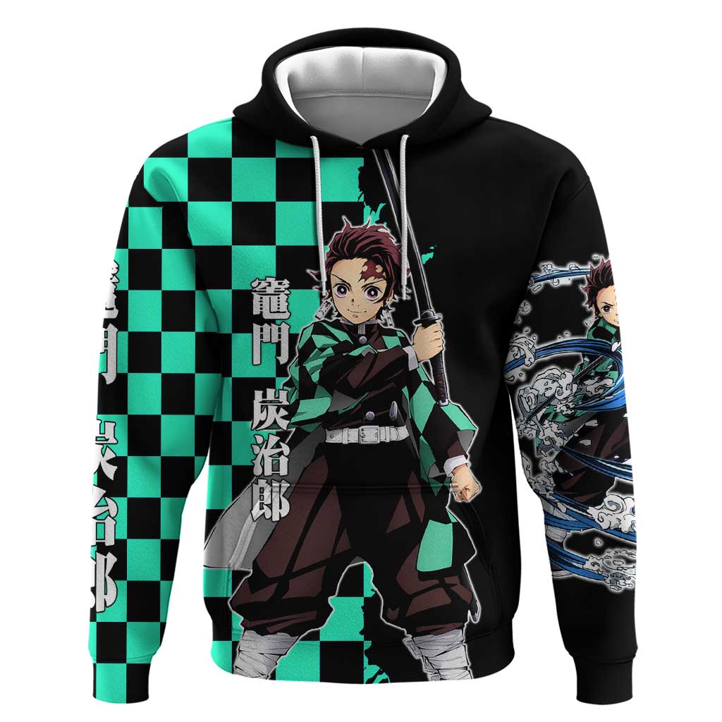 Tanjiro Kamado from Demon Slayer Zip Hoodie with Green Black Checkered Pattern and Water Breathing Sword Pose Design - The Mazicc