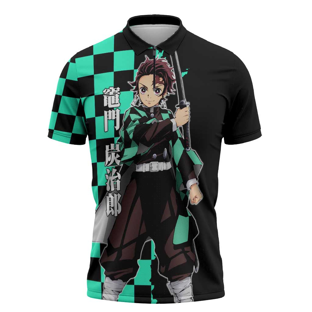 Tanjiro Kamado from Demon Slayer Zipper Polo Shirt with Green Black Checkered Pattern and Water Breathing Sword Pose Design - The Mazicc