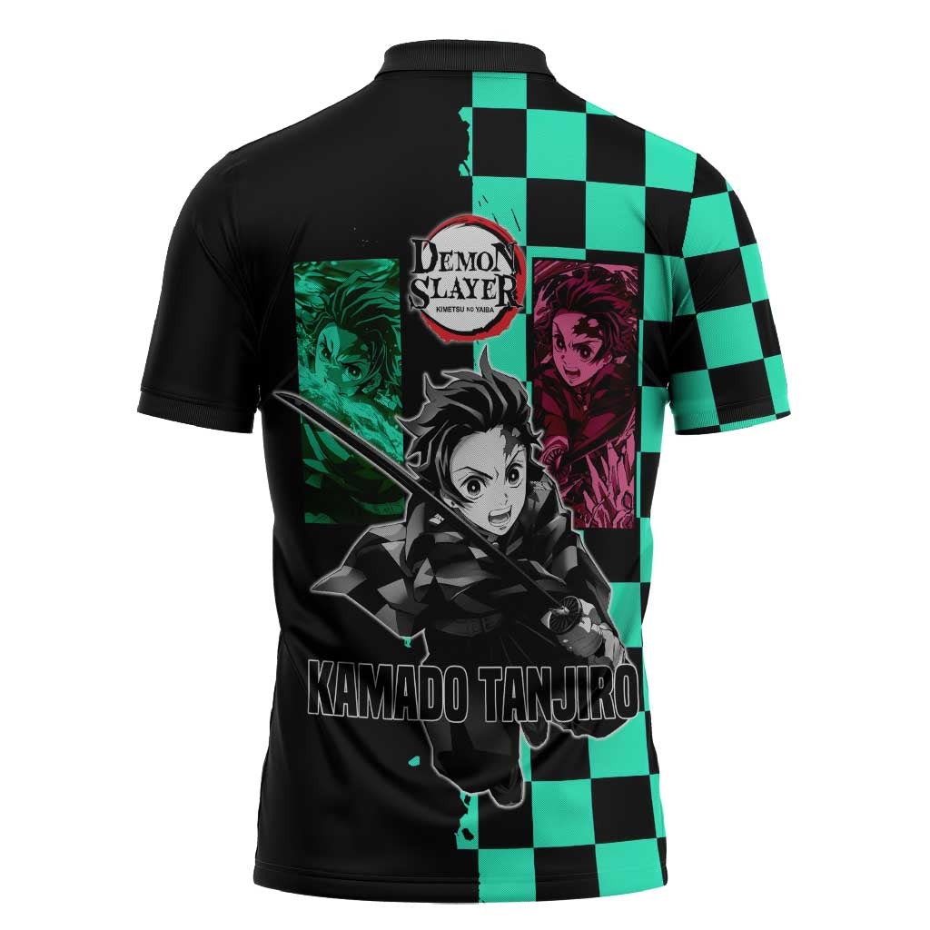Tanjiro Kamado from Demon Slayer Zipper Polo Shirt with Green Black Checkered Pattern and Water Breathing Sword Pose Design - The Mazicc
