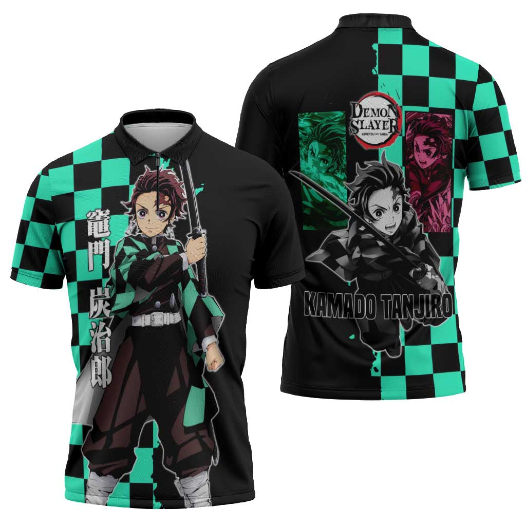 Tanjiro Kamado from Demon Slayer Zipper Polo Shirt with Green Black Checkered Pattern and Water Breathing Sword Pose Design - The Mazicc