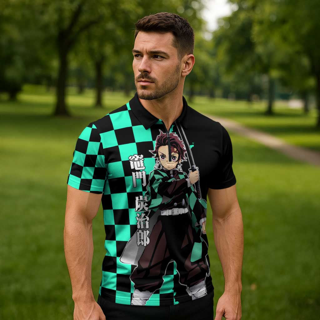 Tanjiro Kamado from Demon Slayer Zipper Polo Shirt with Green Black Checkered Pattern and Water Breathing Sword Pose Design - The Mazicc