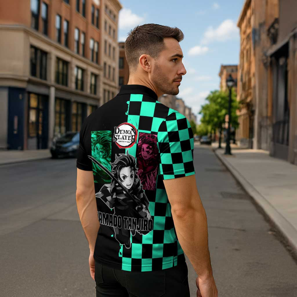 Tanjiro Kamado from Demon Slayer Zipper Polo Shirt with Green Black Checkered Pattern and Water Breathing Sword Pose Design - The Mazicc