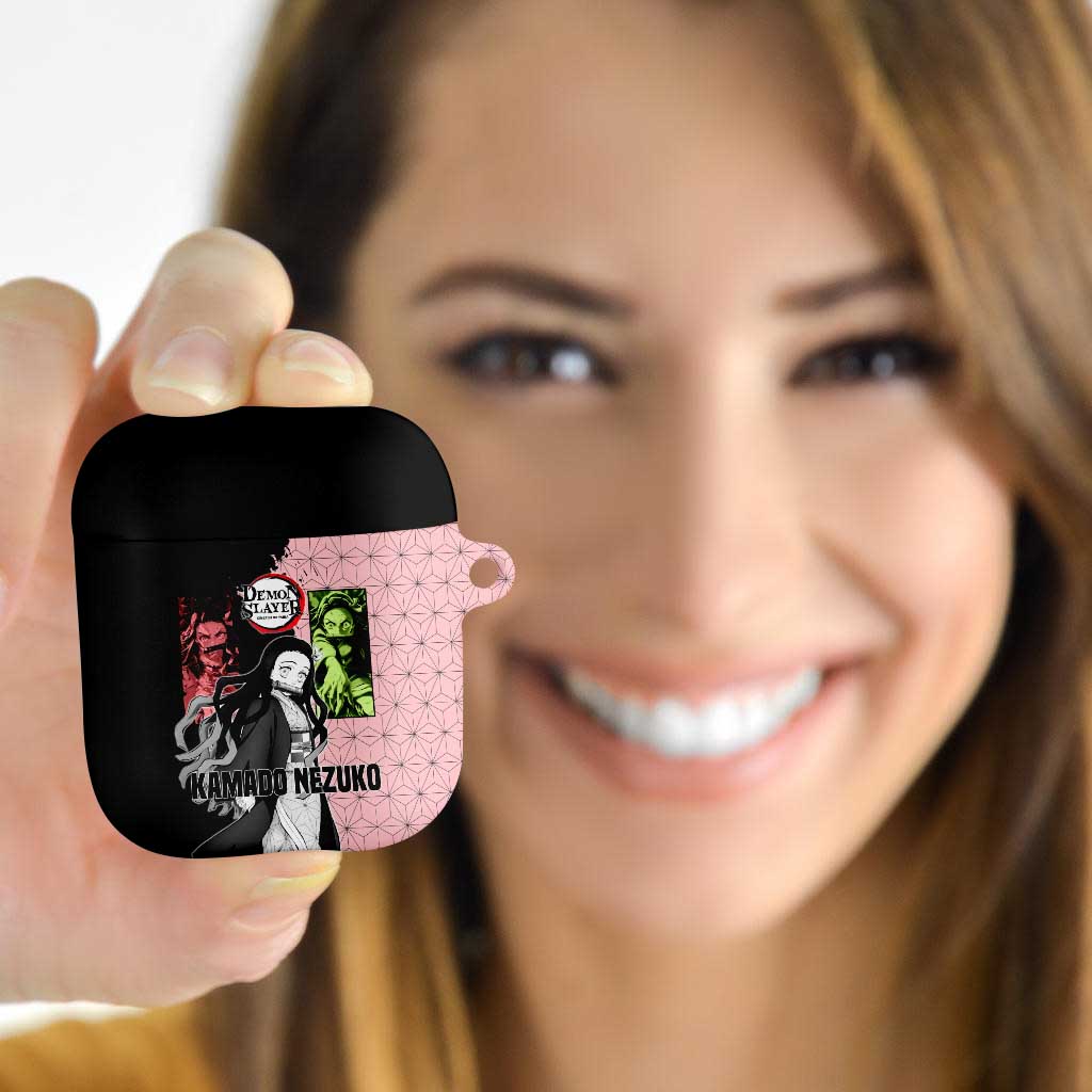 Nezuko Kamado from Demon Slayer AirPods Case with Pink Pattern Kimono and Demon Form Flames Design - The Mazicc