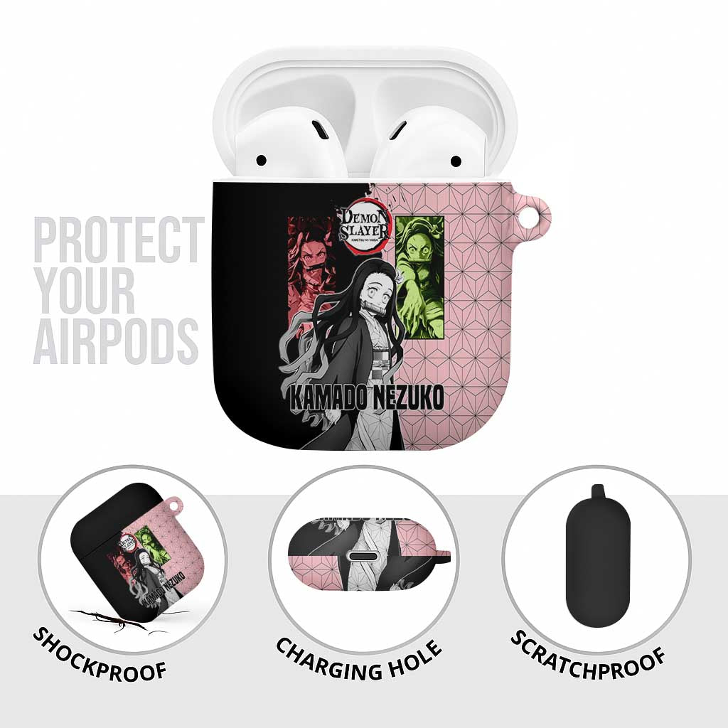 Nezuko Kamado from Demon Slayer AirPods Case with Pink Pattern Kimono and Demon Form Flames Design - The Mazicc