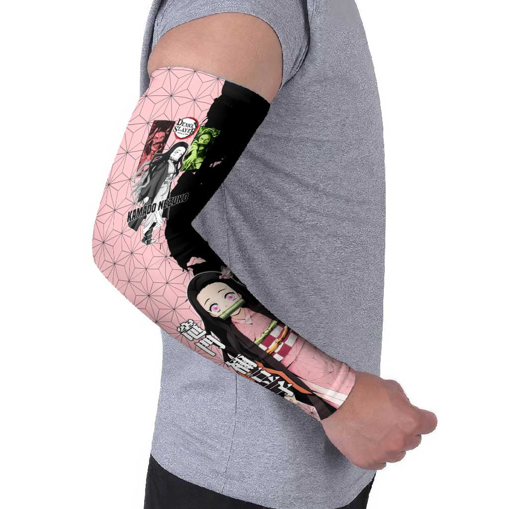 Nezuko Kamado from Demon Slayer Arm Sleeves with Pink Pattern Kimono and Demon Form Flames Design - The Mazicc