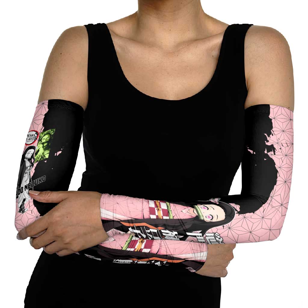 Nezuko Kamado from Demon Slayer Arm Sleeves with Pink Pattern Kimono and Demon Form Flames Design - The Mazicc